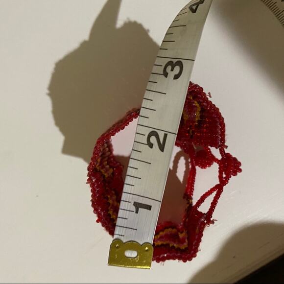 Beaded Geometric Southwestern Diamond Print Cuff Bracelet Red Yellow - Picture 8 of 8